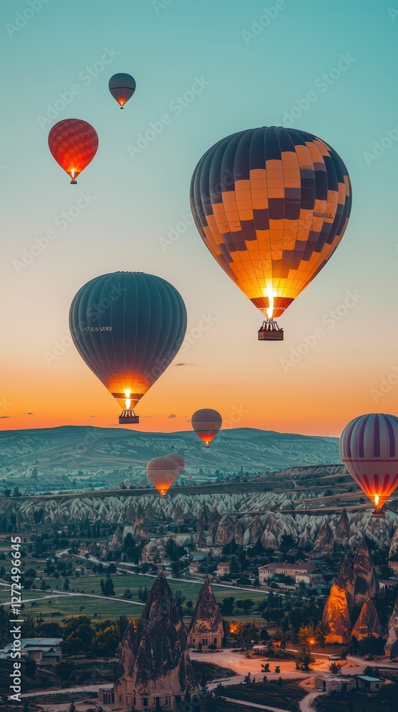 Illuminated Hot Air Balloons in a Striking Sunrise Scene Illuminated Hot Air Balloons in a Striking Sunrise Scene