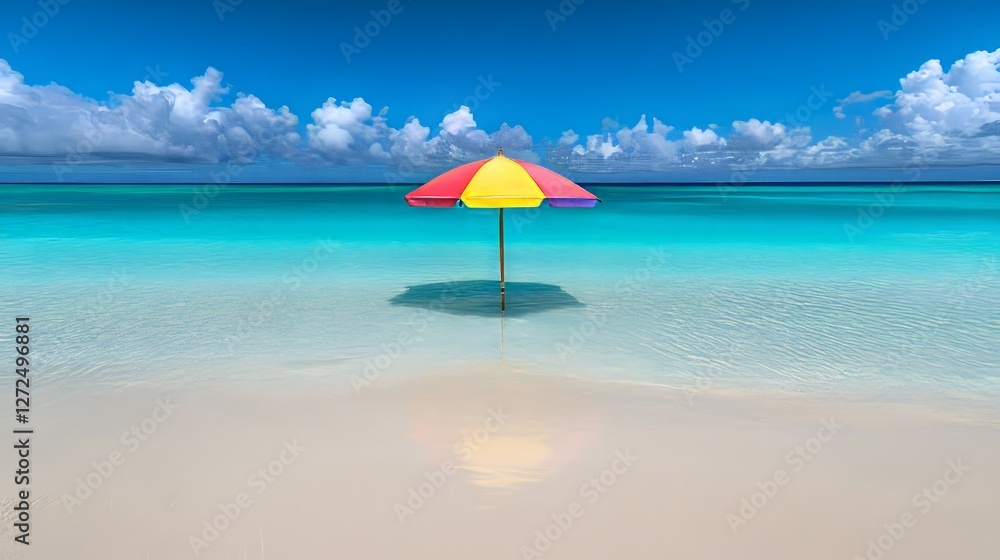 Colorful beach umbrella standing alone on a serene shoreline with turquoise water Colorful beach umbrella standing alone on a serene shoreline with turquoise water