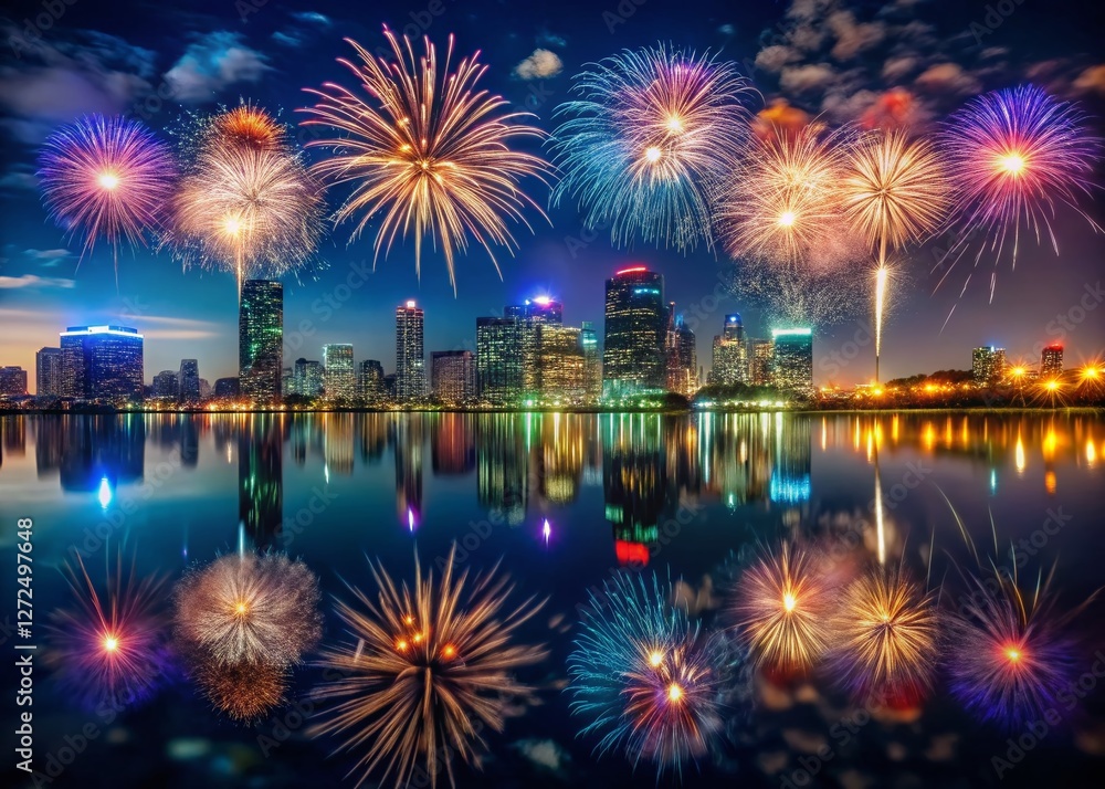 Minimalist City Skyline Fireworks Lake Reflection Night Photography Minimalist City Skyline Fireworks Lake Reflection Night Photography