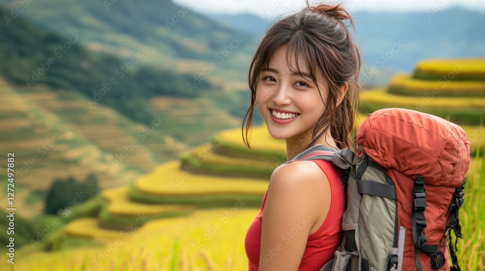 Korean woman in red t-shirt smiling enjoying outdoor activity at rice field and terraces in the mountain Korean woman in red t-shirt smiling enjoying outdoor activity at rice field and terraces in the mountain