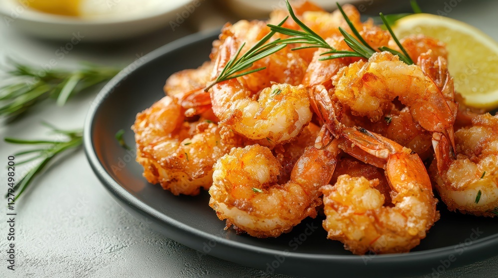 Tantalizing Fried Shrimp Garnished with Rosemary and Lemon Slice Tantalizing Fried Shrimp Garnished with Rosemary and Lemon Slice