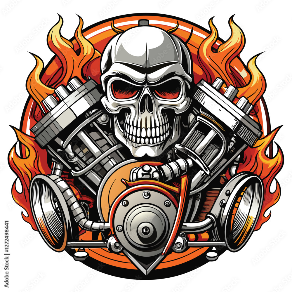 A highly detailed illustration of a flaming hot rod engine, a skull prominently centered amidst the fiery inferno, showcasing intricate mechanical details. A highly detailed illustration of a flaming hot rod engine, a skull prominently centered amidst the fiery inferno, showcasing intricate mechanical details.