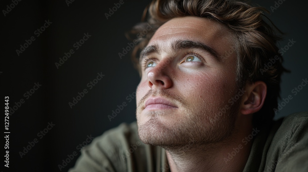 Obraz premium Thoughtful Young Man Gazing Upwards in Natural Light