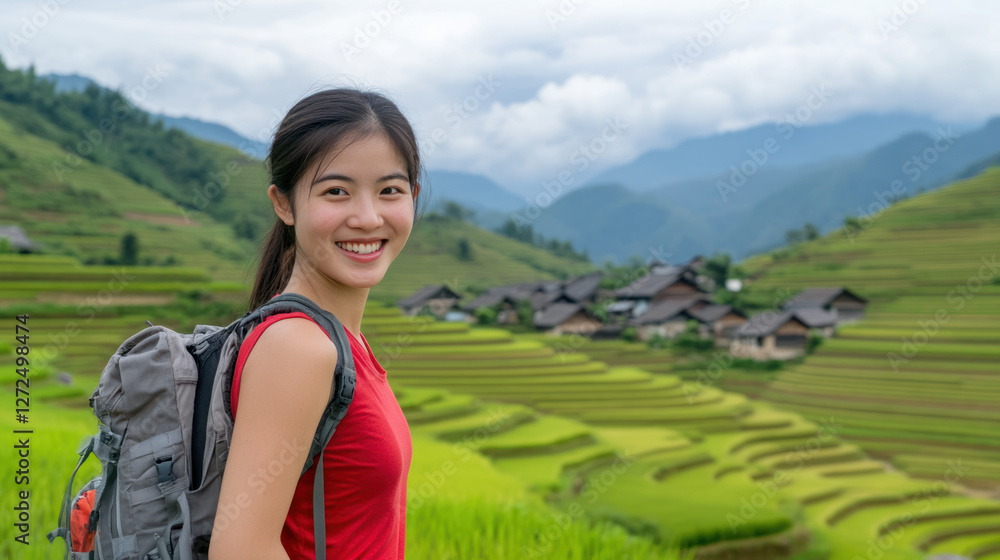 Naklejka premium Japanese woman in red t-shirt smiling enjoying outdoor activity at rice field and terraces in the mountain