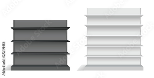 Set of Realistic Retail Store Display Shelving Units isolated on white  
