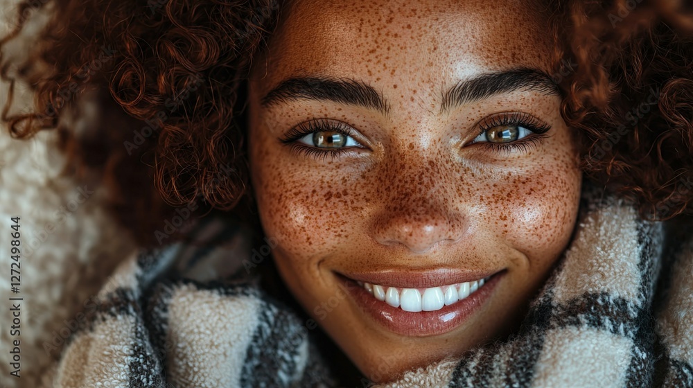 Smiling Woman with Freckles Wrapped in Cozy Blanket, Close-Up Portrait Smiling Woman with Freckles Wrapped in Cozy Blanket, Close-Up Portrait