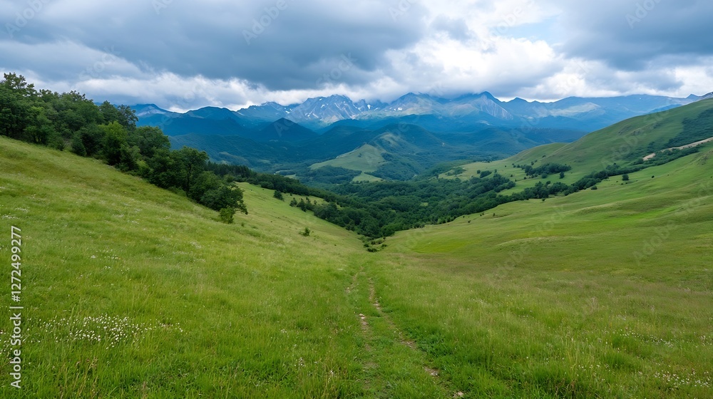 Fototapeta premium Breathtaking Panoramic View of Lush Green Valley Surrounded by Majestic Mountains : Generative AI