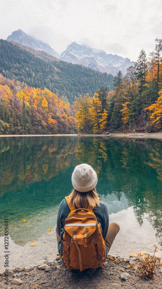 A person sits quietly at the edge of a lake, gazing at the stunning reflections of colorful autumn trees and majestic mountains A person sits quietly at the edge of a lake, gazing at the stunning reflections of colorful autumn trees and majestic mountains