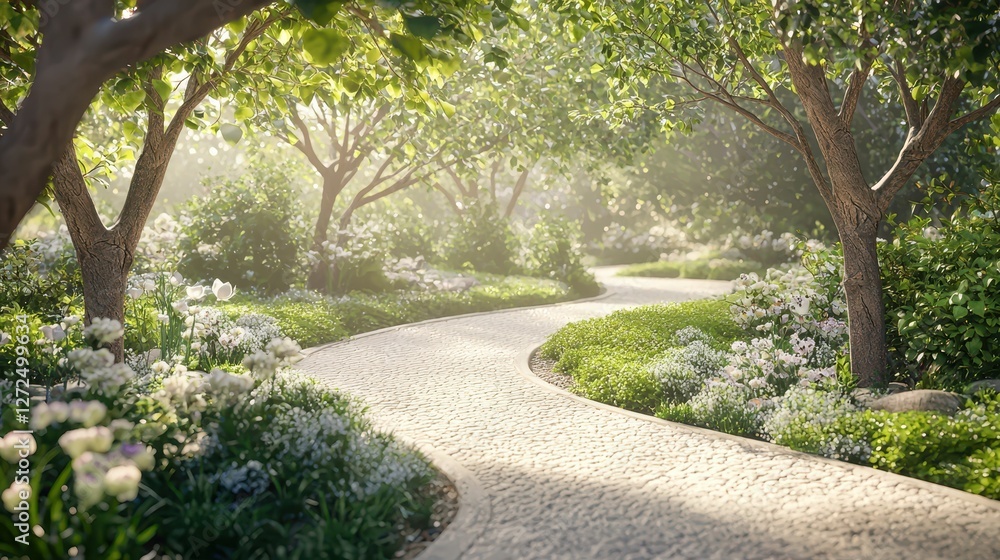 Serene Pathway Through a Lush Tranquil Garden with Gentle Curves Serene Pathway Through a Lush Tranquil Garden with Gentle Curves