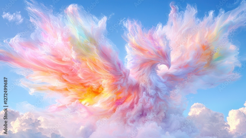 Obraz premium Majestic phoenix bird formed from vibrant pastel clouds soaring high in the bright blue sky.