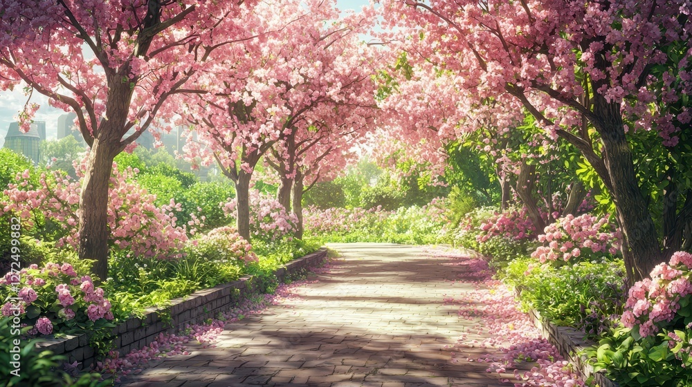 Tranquil Garden Pathway Shaded by Vibrant Canopy of Flowers Tranquil Garden Pathway Shaded by Vibrant Canopy of Flowers