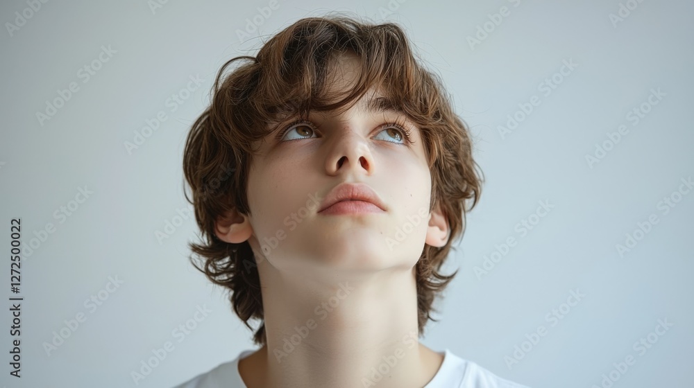 Thoughtful Teen Boy Gazing Upwards Against Minimalist Background
