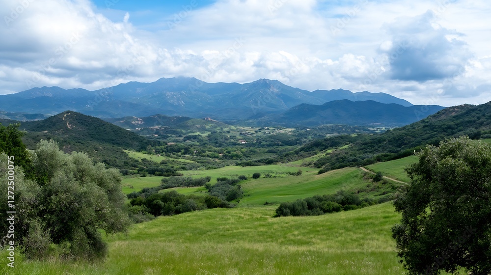 Fototapeta premium Breathtaking View of Verdant Green Fields and Rolling Mountains Under Bright Blue Sky : Generative AI