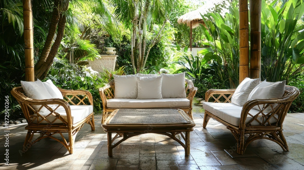 Fototapeta premium Tranquil Outdoor Patio with Bamboo Furniture and Lush Greenery