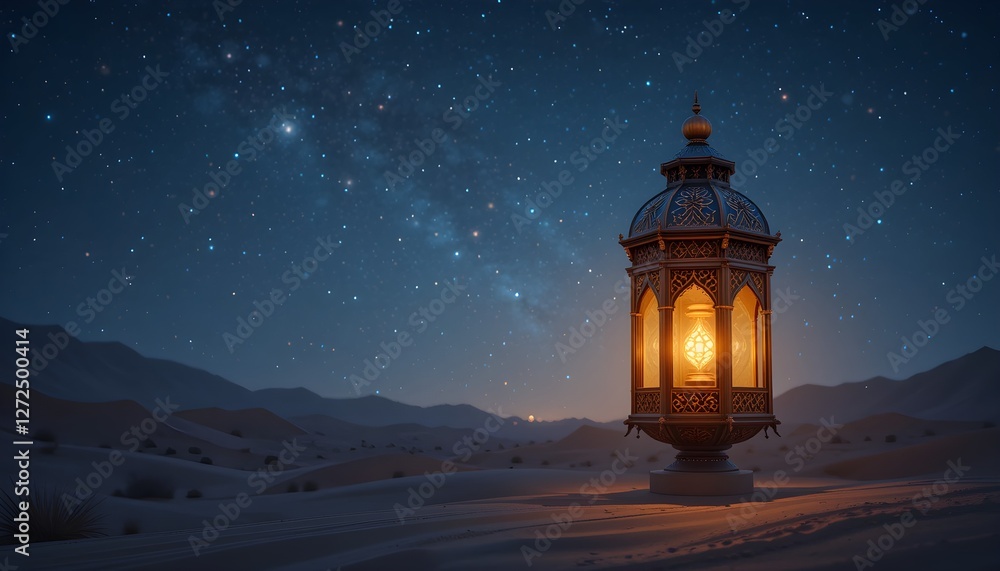 Copy space Ramadan banner, glowing lantern in middle of desert night sky background. ramadan decorative background Copy space Ramadan banner, glowing lantern in middle of desert night sky background. ramadan decorative background