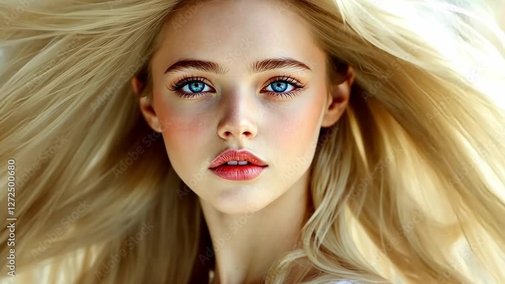 Radiant Beauty: Captivating close-up of a stunning woman with flowing blonde hair, bright blue eyes, and a delicate blush, exuding natural elegance and a timeless allure. Radiant Beauty: Captivating close-up of a stunning woman with flowing blonde hair, bright blue eyes, and a delicate blush, exuding natural elegance and a timeless allure.