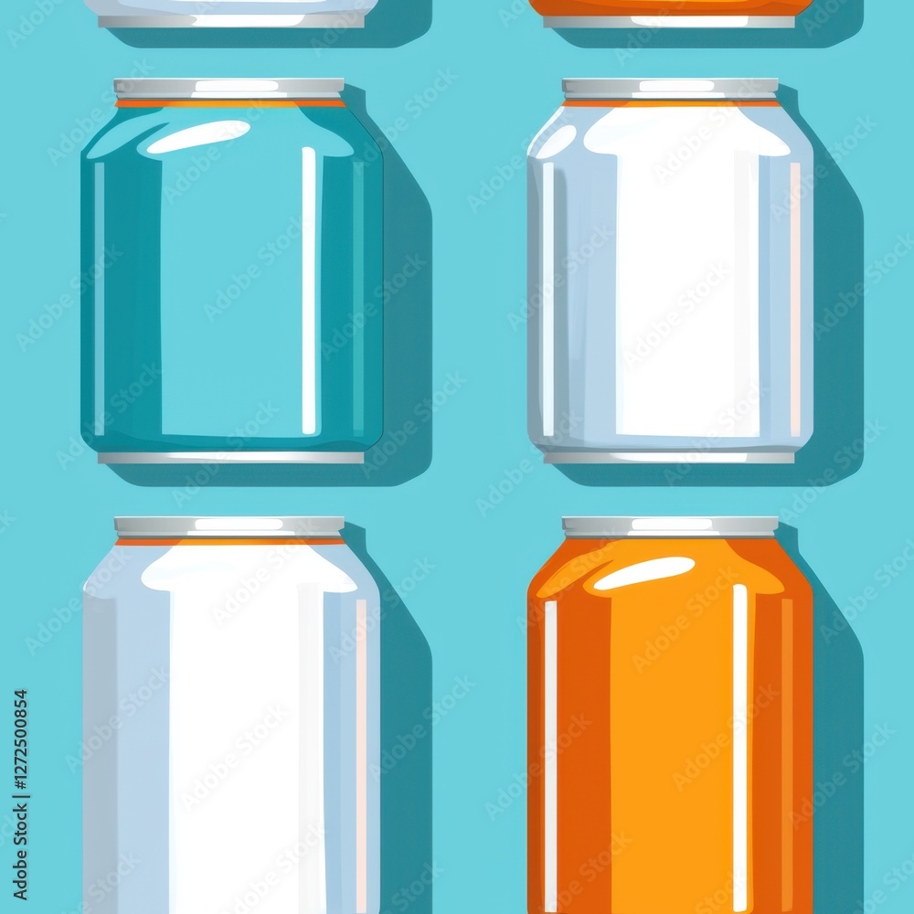 Seamless minimal illustration of drink. A vibrant arrangement of jars in different colors, set against a light blue background, showcasing modern design and simplicity. Seamless minimal illustration of drink. A vibrant arrangement of jars in different colors, set against a light blue background, showcasing modern design and simplicity.