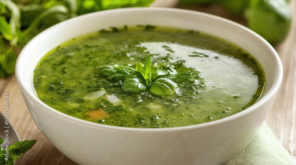 Fresh green soup in a white bowl, garnished with basil. Perfect for websites, blogs, or cookbooks showcasing healthy eating. Fresh green soup in a white bowl, garnished with basil. Perfect for websites, blogs, or cookbooks showcasing healthy eating.