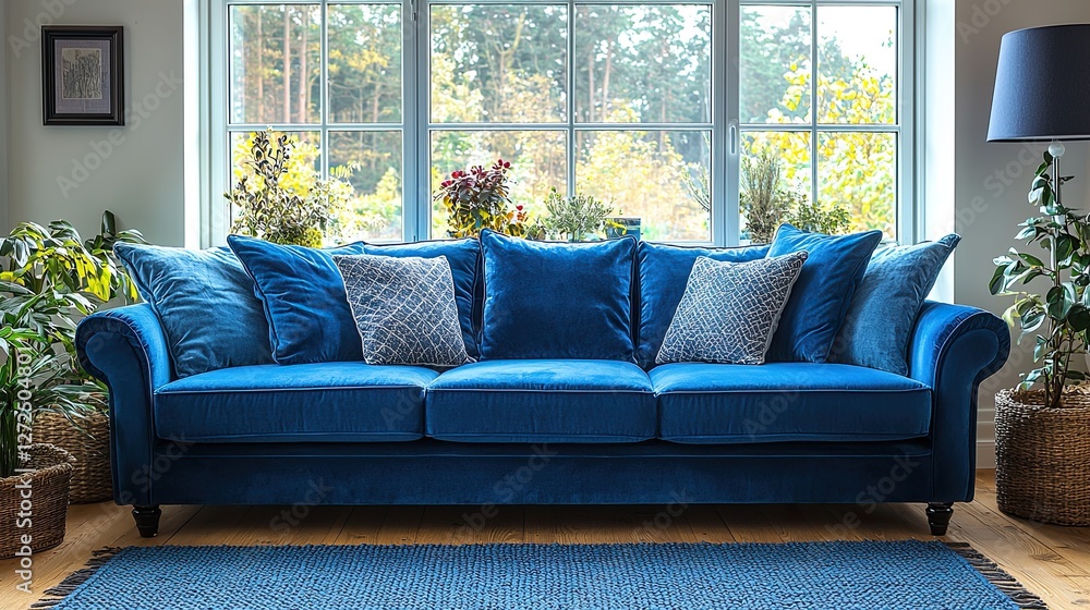 Fototapeta premium Blue Velvet Sofa in a Room with Window and Plants