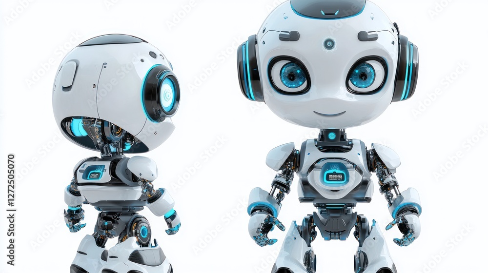 Cute white robot character, front and back view, isolated on white. Cute white robot character, front and back view, isolated on white.