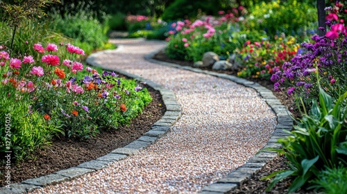 Whimsical Curved Path Through Colorful Garden Blooms and Foliage