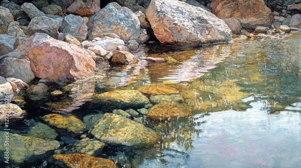 Fototapeta premium tranquil symphony of shimmering rocks and dancing water creates a mesmerizing tapestry of reflections and textures along idyllic riverbank or shore 