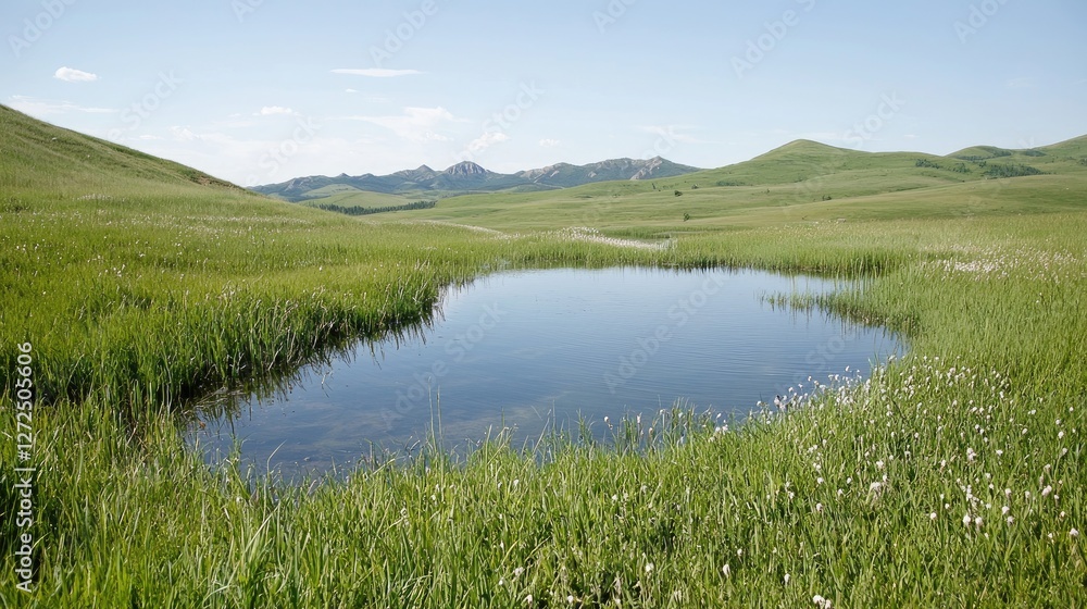Fototapeta premium Serene mountain grassland pond, tranquil landscape, summer day