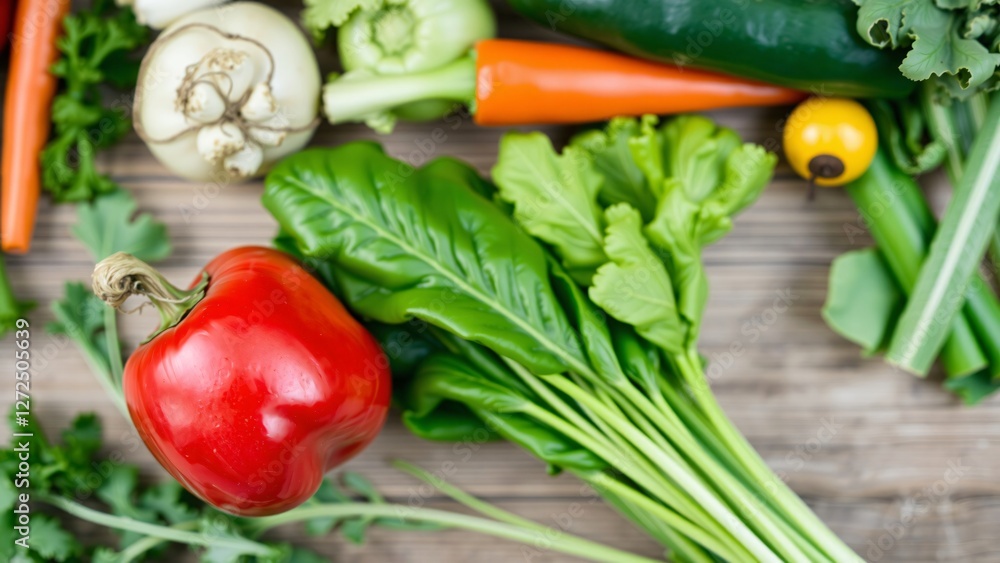 Fresh Organic Vegetables on Wooden Table - Red Bell Pepper, Spinach, Carrots, and More Fresh Organic Vegetables on Wooden Table - Red Bell Pepper, Spinach, Carrots, and More