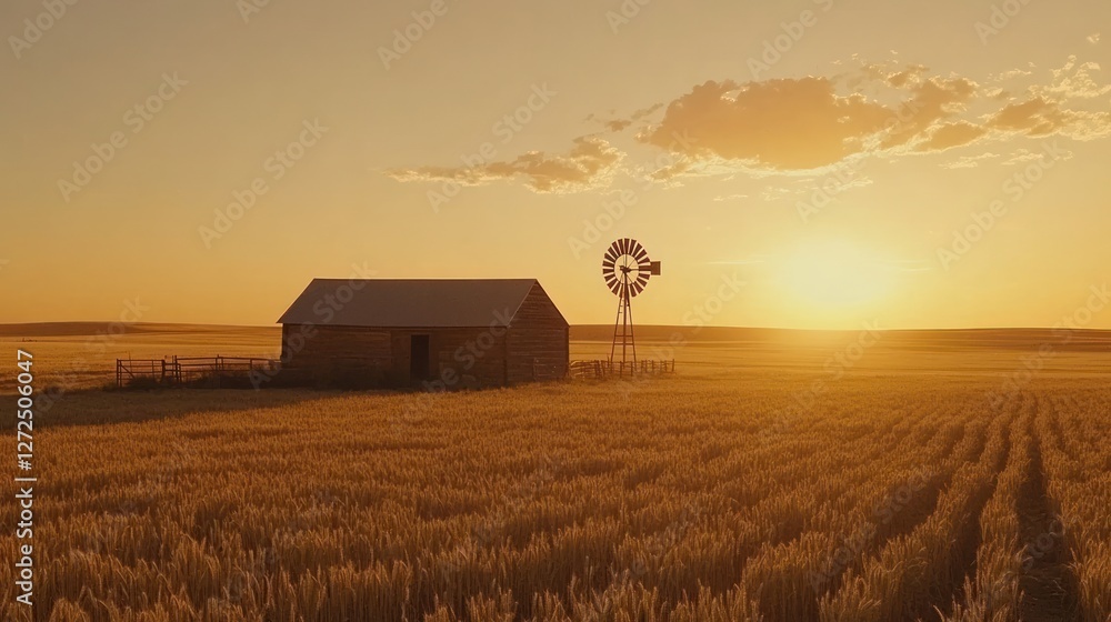 Fototapeta premium Golden Hour at the Ranch: Barn, Windmill, and Sunset Over Wheat Fields