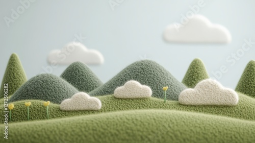 Felt-Style Landscape of Clouds, Mountains, and Forests

