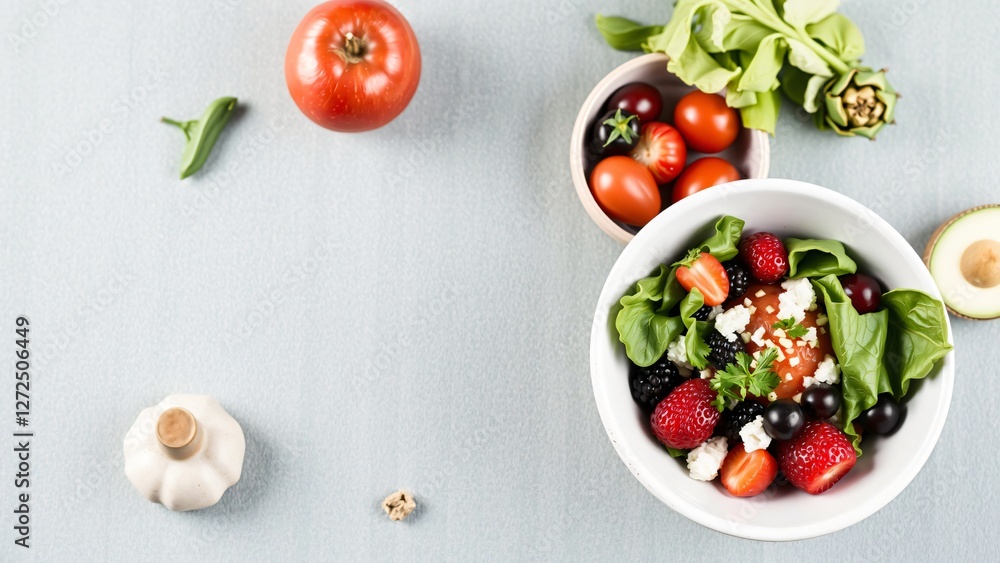 Fresh Summer Berry and Tomato Salad with Feta Cheese - Healthy Eating Concept Fresh Summer Berry and Tomato Salad with Feta Cheese - Healthy Eating Concept