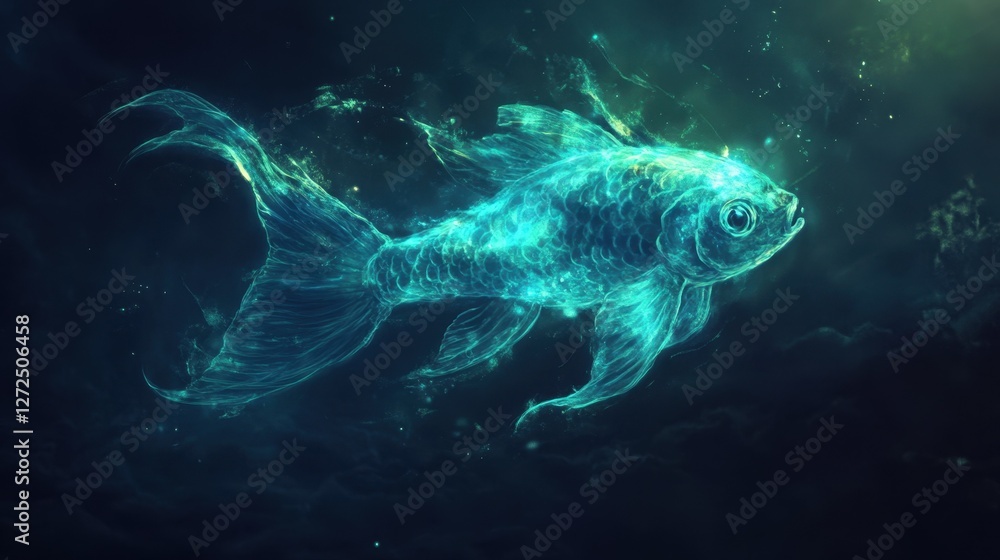 A glowing Lumo fish breaking free from the deep, its iridescent scales radiating a mesmerizing blue-green light as it nears the surface. A glowing Lumo fish breaking free from the deep, its iridescent scales radiating a mesmerizing blue-green light as it nears the surface.