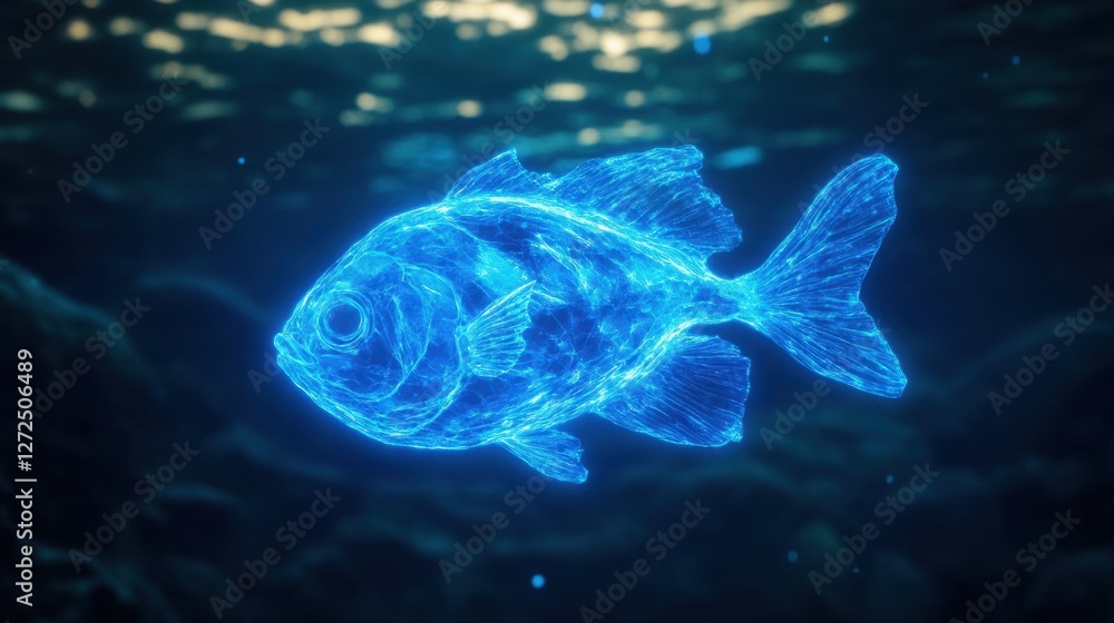 Fototapeta premium A glowing Lumo fish emerging from the deep ocean, its bioluminescent body illuminating the dark water as it swims toward the shimmering surface.