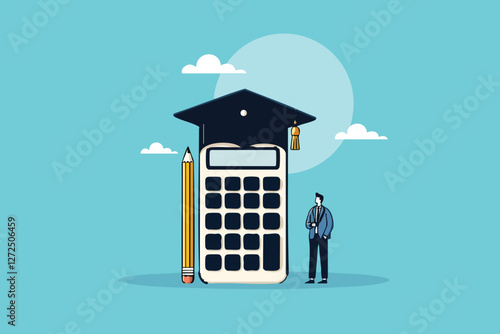 Graduate Student Standing Proud with Mortarboard Hat and Calculator, Symbolizing Academic and Financial Success
