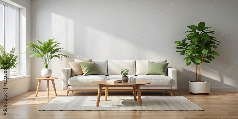 Minimalist White Living Room Interior: Sofa, Coffee Table, Plant Minimalist White Living Room Interior: Sofa, Coffee Table, Plant