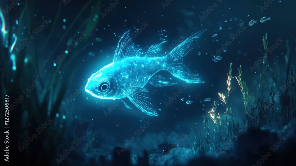 A luminous Lumo fish with translucent fins rising toward the surface, its glow illuminating the surrounding water as small creatures follow in its wake. 