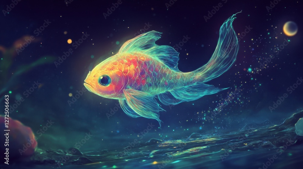 Fototapeta premium A magical Lumo fish glowing with soft neon colors, slowly rising toward the moonlit surface, leaving a trail of sparkling bioluminescence behind.