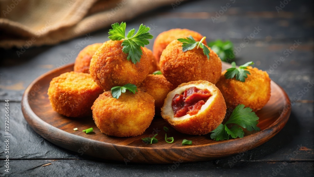 Aromatic Crispy Fried Potato Balls Filled with Savory Tomato Sauce, Garnished with Fresh Parsley, Served on a Rustic Wooden Plate Aromatic Crispy Fried Potato Balls Filled with Savory Tomato Sauce, Garnished with Fresh Parsley, Served on a Rustic Wooden Plate