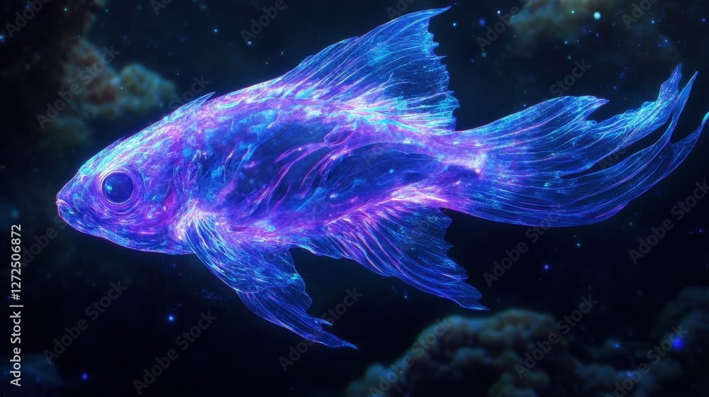 A mysterious Lumo fish with neon blue and purple hues, its body radiating an ethereal glow as it drifts through the dark abyss. A mysterious Lumo fish with neon blue and purple hues, its body radiating an ethereal glow as it drifts through the dark abyss.