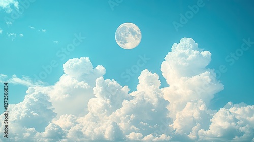 Full moon over fluffy clouds, daytime sky, serene landscape, background for design