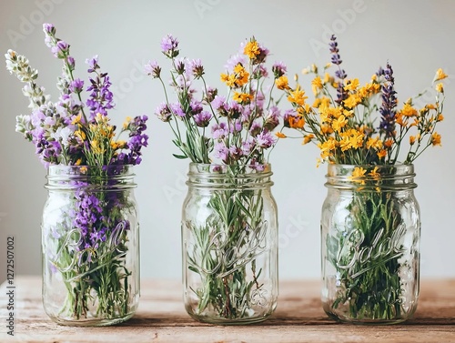 Wallpaper Mural Colorful wildflowers in mason jars on a rustic wooden table Torontodigital.ca