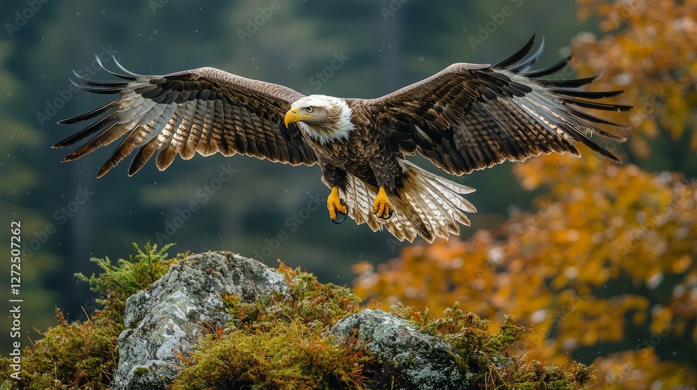 Fototapeta premium Bald eagle in flight above autumnal forest