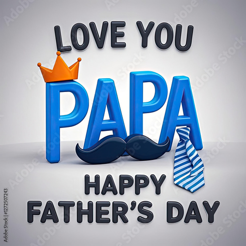 3D rendered Father's Day card with 'LOVE YOU', 'PAPA' in blue, beard, tie, and 'HAPPY FATHER'S DAY' in grey.