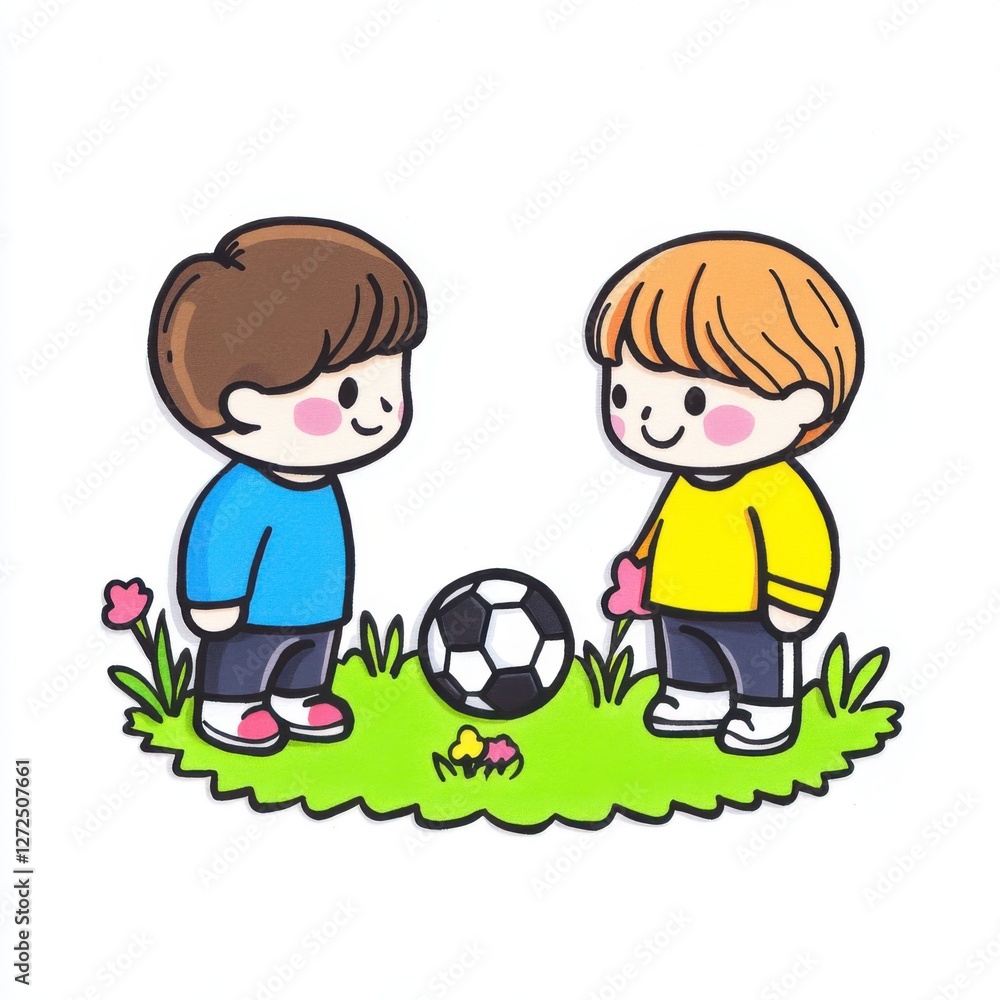 Cute Cartoon Children Playing Soccer on Grass with a Ball and Flowers in a Colorful Illustration Cute Cartoon Children Playing Soccer on Grass with a Ball and Flowers in a Colorful Illustration