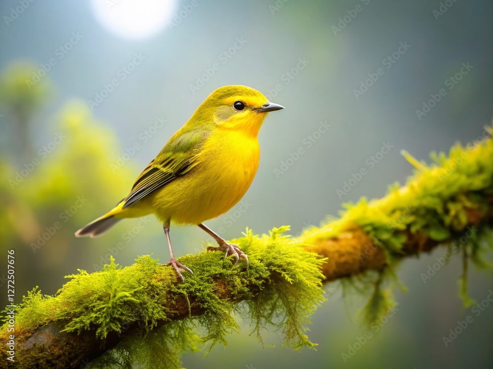 Misty Forest Bird: Yellow Warbler on Branch - Candid Nature Photography Misty Forest Bird: Yellow Warbler on Branch - Candid Nature Photography