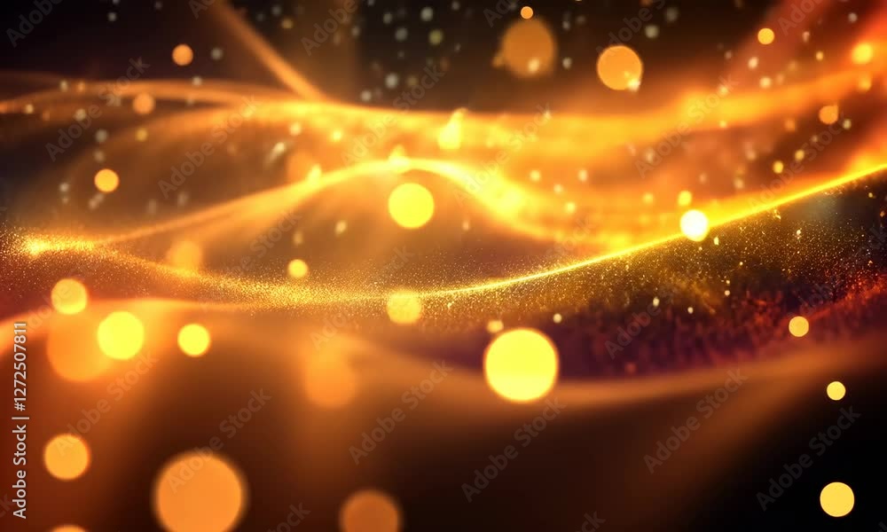 Golden particles forming a wave-like pattern with sparkling lights and bokeh effects on dark background.