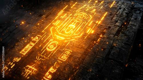 Seamless alien glyphs glowing on ancient monolith. Ancient Luminescent Glyphs. Illustration