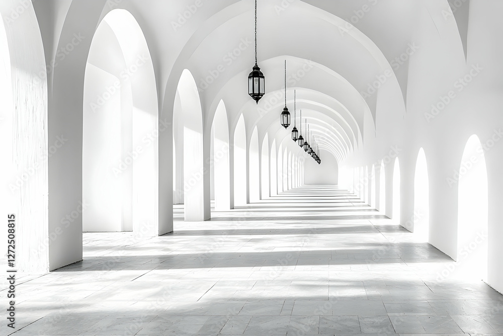 Sunlit white arched hallway, serene space Sunlit white arched hallway, serene space