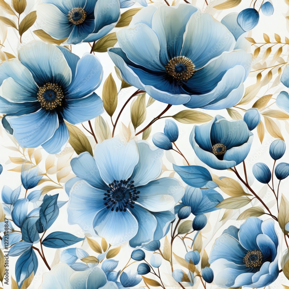 custom made wallpaper toronto digitalElegant seamless floral pattern with blue flowers on wight background. Fabric, wallpaper print texture.