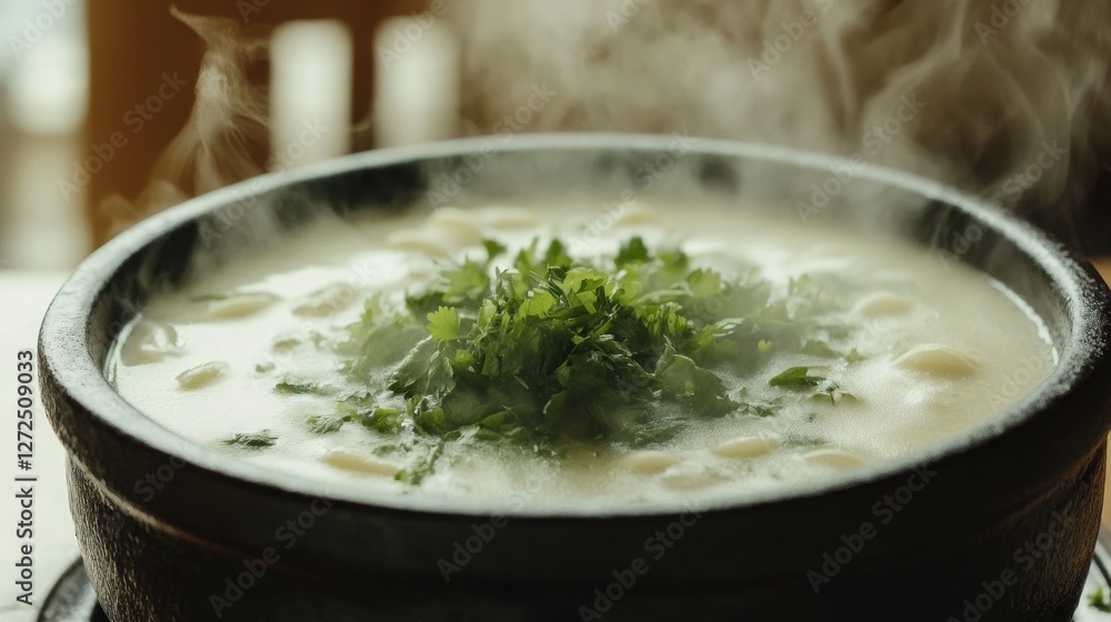Steaming Hot Bowl of Creamy Soup with Fresh Herbs Steaming Hot Bowl of Creamy Soup with Fresh Herbs